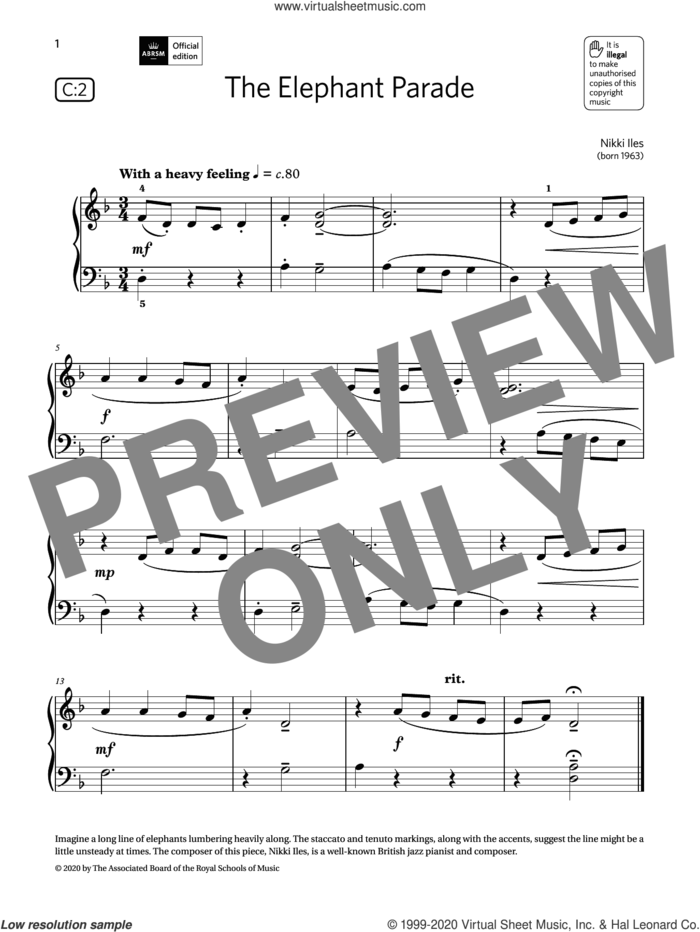 The Elephant Parade (Grade Initial, list C2, from the ABRSM Piano Syllabus 2021 and 2022) sheet music for piano solo by Nikki Iles, classical score, intermediate skill level
