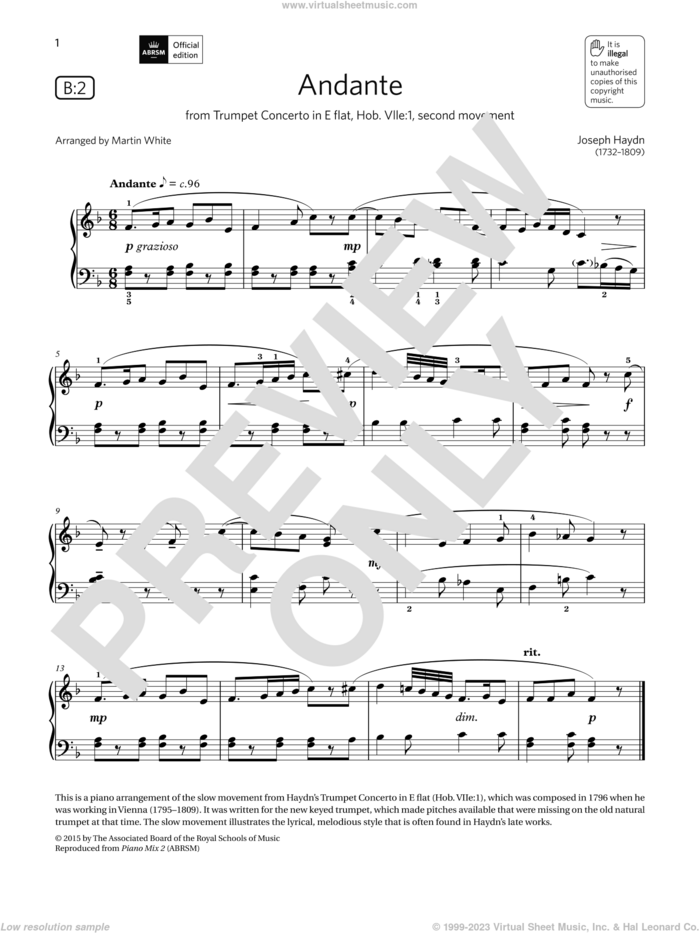 Andante (Grade 3, list B2, from the ABRSM Piano Syllabus 2021 and 2022) sheet music for piano solo by Franz Joseph Haydn and Martin White, classical score, intermediate skill level
