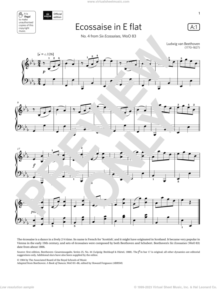 Ecossaise in E flat (Grade 3, list A1, from the ABRSM Piano Syllabus 2021 and 2022) sheet music for piano solo by Ludwig van Beethoven, classical score, intermediate skill level