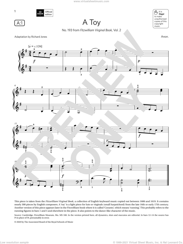 A Toy (Grade 1, list A1, from the ABRSM Piano Syllabus 2021 and 2022) sheet music for piano solo by Anon, classical score, intermediate skill level
