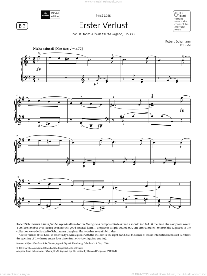 Erster Verlust (Grade 4, list B3, from the ABRSM Piano Syllabus 2021 and 2022) sheet music for piano solo by Robert Schumann, classical score, intermediate skill level