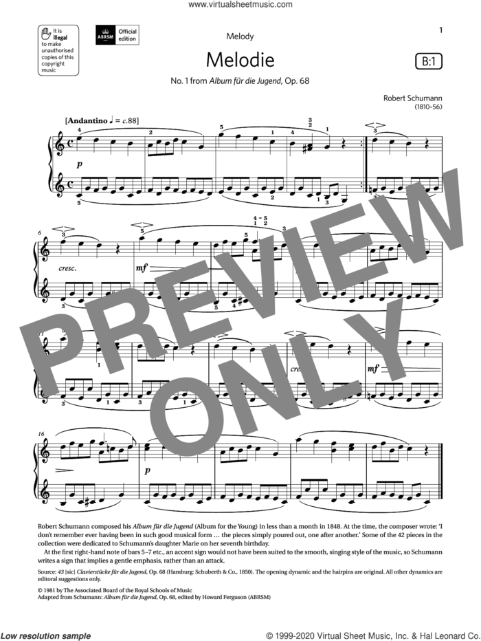 Melodie (Grade 1, list B1, from the ABRSM Piano Syllabus 2021 and 2022) sheet music for piano solo by Robert Schumann, classical score, intermediate skill level