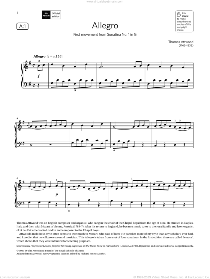 Allegro (Grade 2, list A1, from the ABRSM Piano Syllabus 2021 and 2022) sheet music for piano solo by Thomas Attwood, classical score, intermediate skill level