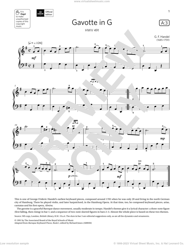 Gavotte in G (Grade 3, list A3, from the ABRSM Piano Syllabus 2021 and 2022) sheet music for piano solo by George Frideric Handel, classical score, intermediate skill level