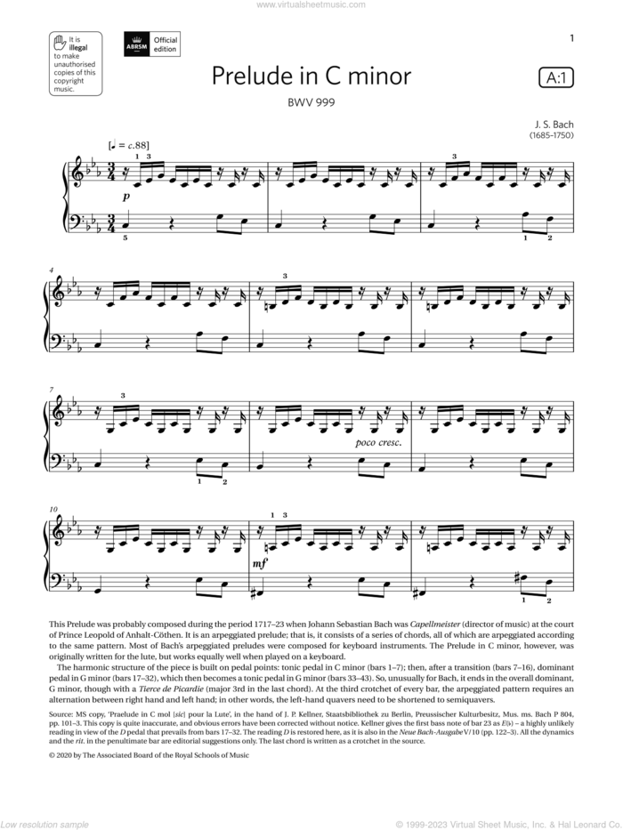 Prelude in C minor (Grade 4, list A1, from the ABRSM Piano Syllabus 2021 and 2022) sheet music for piano solo by Johann Sebastian Bach, classical score, intermediate skill level