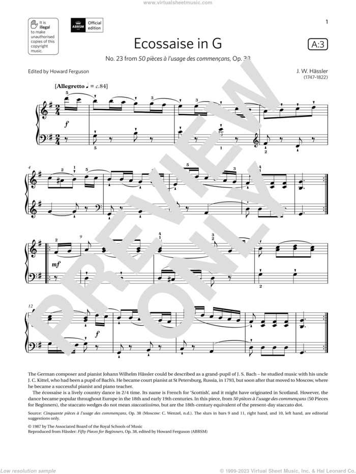 Ecossaise in G (Grade 2, list A3, from the ABRSM Piano Syllabus 2021 and 2022) sheet music for piano solo by J. W. Hässler, classical score, intermediate skill level