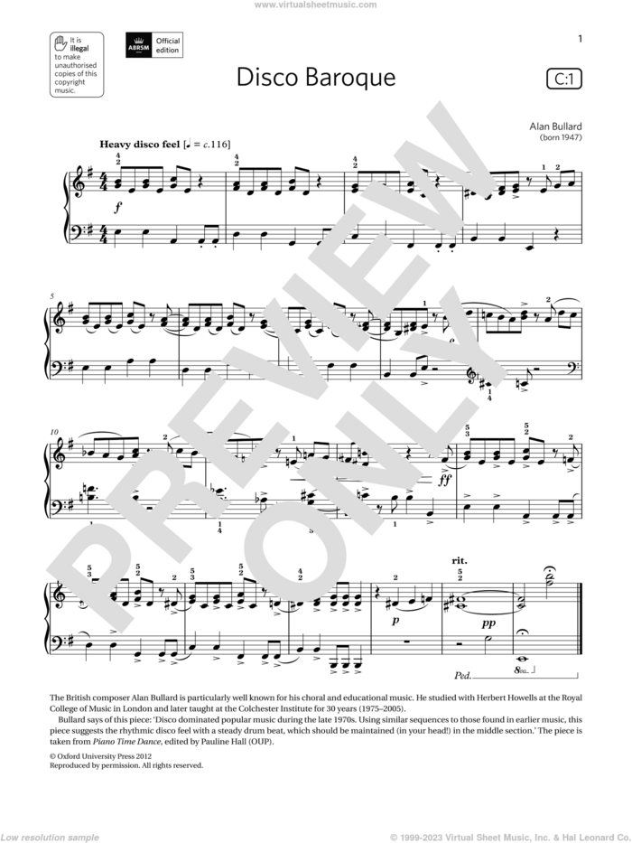 Disco Baroque (Grade 3, list C1, from the ABRSM Piano Syllabus 2021 and 2022) sheet music for piano solo by Alan Bullard, classical score, intermediate skill level