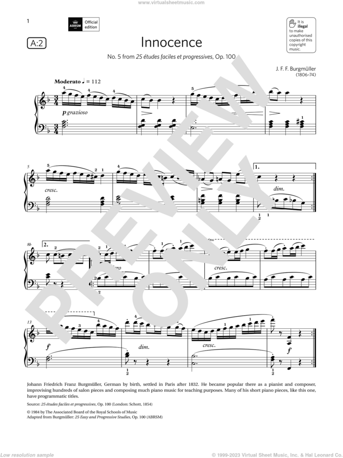 Innocence (Grade 3, list A2, from the ABRSM Piano Syllabus 2021 and 2022) sheet music for piano solo by J. F. Burgmüller, classical score, intermediate skill level