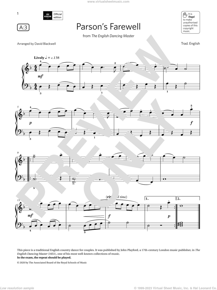 Parson's Farewell (Grade 1, list A3, from the ABRSM Piano Syllabus 2021 and 2022) sheet music for piano solo by Trad. English and David Blackwell, classical score, intermediate skill level