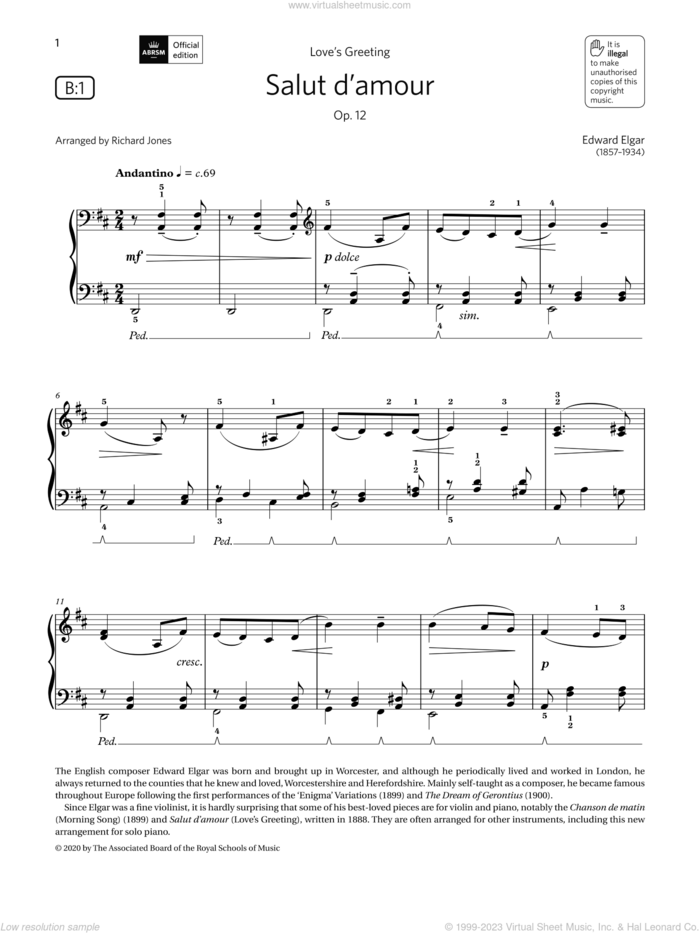 Salut d'amour (Grade 3, list B1, from the ABRSM Piano Syllabus 2021 and 2022) sheet music for piano solo by Edward Elgar and Richard Jones, classical score, intermediate skill level