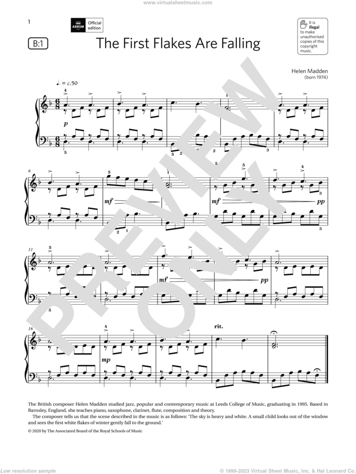 The First Flakes Are Falling (Grade 2, list B1, from the ABRSM Piano Syllabus 2021 and 2022) sheet music for piano solo by Helen Madden, classical score, intermediate skill level