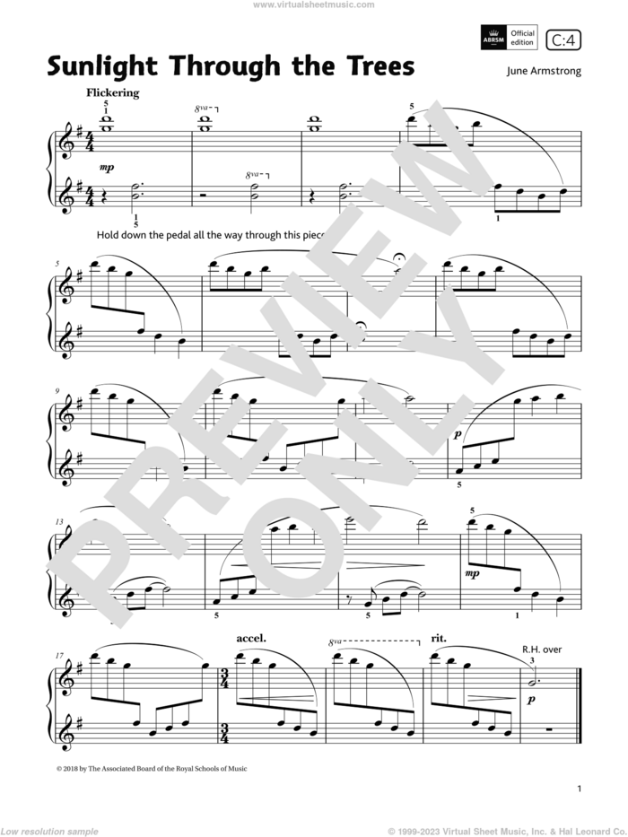 Sunlight Through the Trees (Grade 1, list C4, from the ABRSM Piano Syllabus 2021 and 2022) sheet music for piano solo by June Armstrong, classical score, intermediate skill level