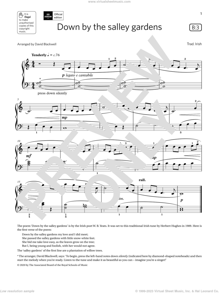 Down by the salley gardens (Grade 1, list B3, from the ABRSM Piano Syllabus 2021 and 2022) sheet music for piano solo by Trad. Irish and David Blackwell, classical score, intermediate skill level