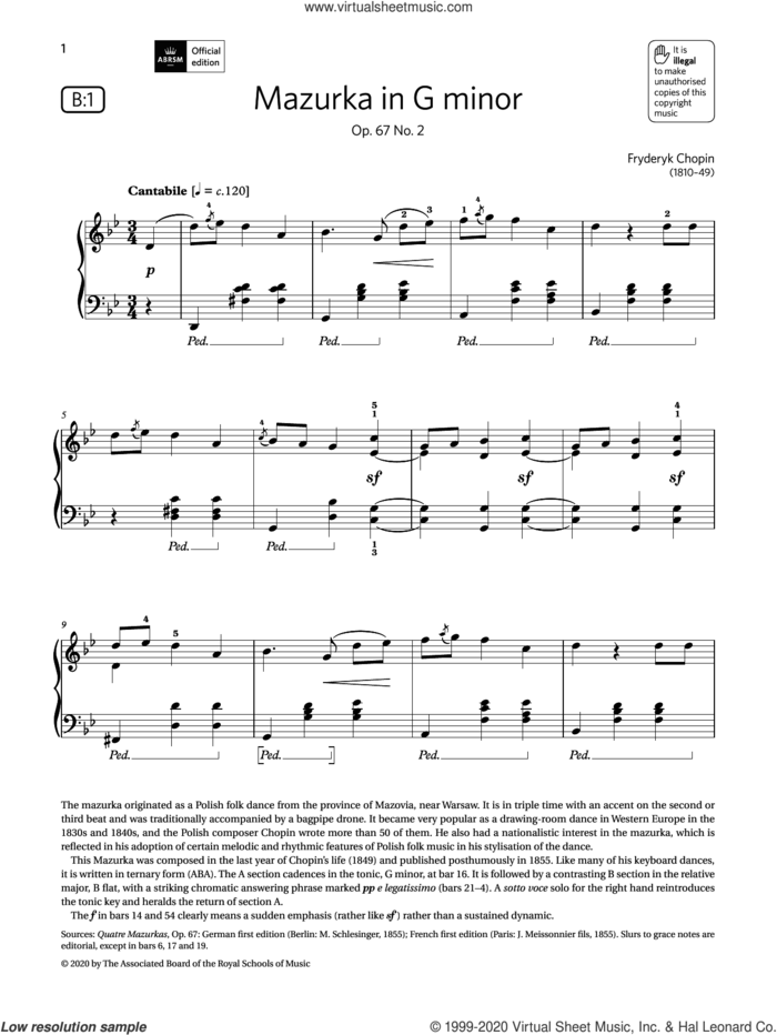 Mazurka in G minor (Grade 6, list B1, from the ABRSM Piano Syllabus 2021 and 2022) sheet music for piano solo by Frederic Chopin, classical score, intermediate skill level