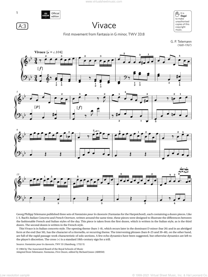 Vivace (Grade 7, list A3, from the ABRSM Piano Syllabus 2021 and 2022) sheet music for piano solo by G. P. Telemann, classical score, intermediate skill level