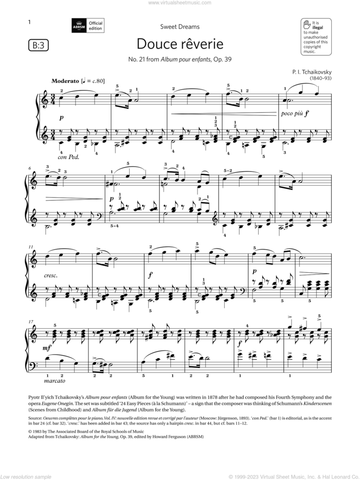 Douce reverie (Grade 5, list B3, from the ABRSM Piano Syllabus 2021 and 2022) sheet music for piano solo by Pyotr Ilyich Tchaikovsky, classical score, intermediate skill level