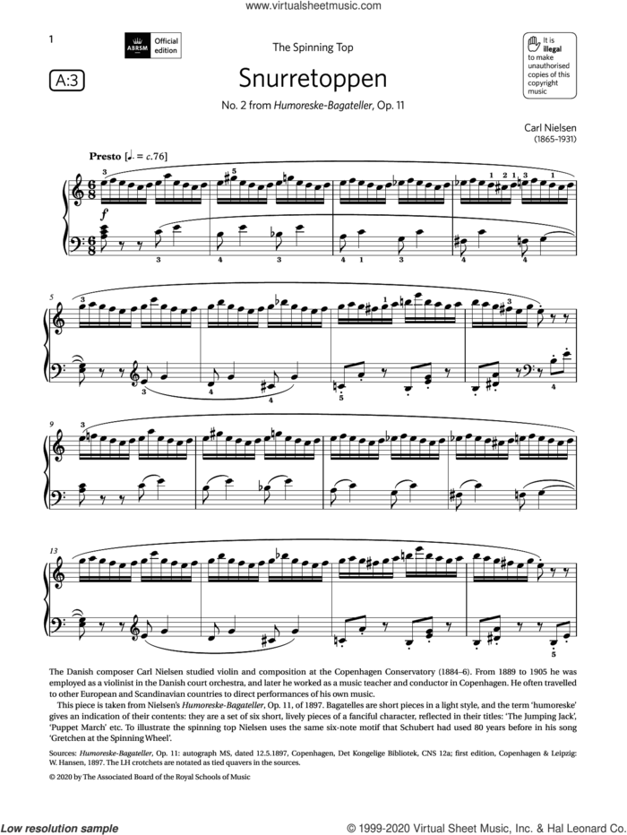Snurretoppen (Grade 6, list A3, from the ABRSM Piano Syllabus 2021 and 2022) sheet music for piano solo by Carl Nielsen, classical score, intermediate skill level