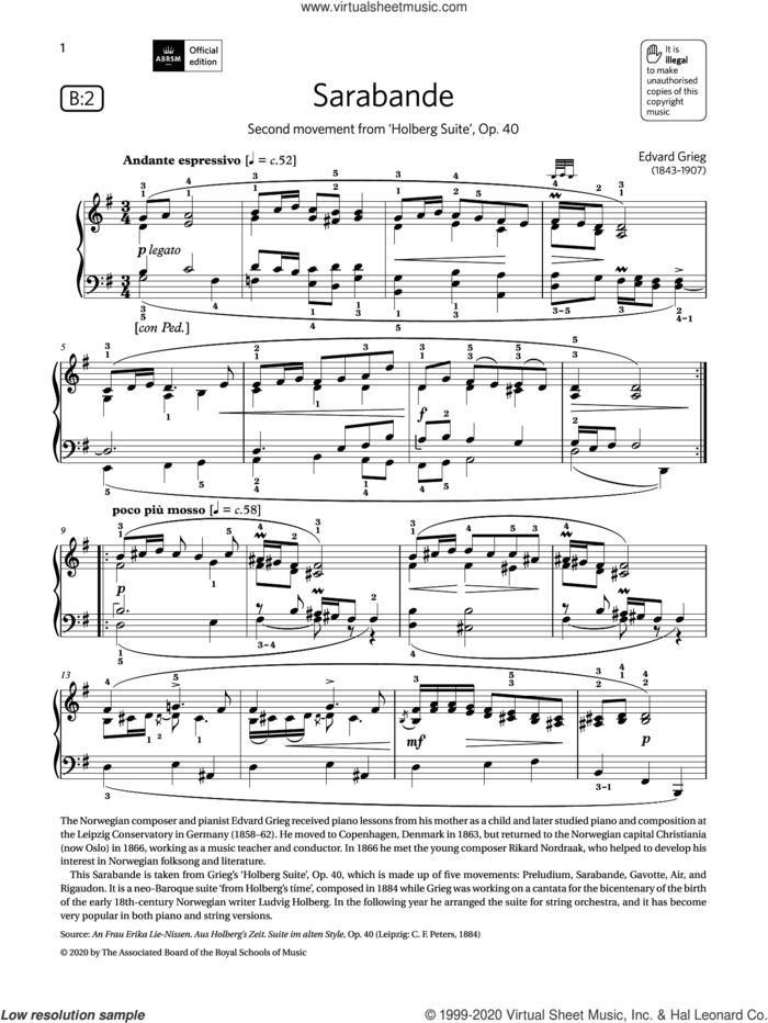 Sarabande (Grade 7, list B2, from the ABRSM Piano Syllabus 2021 and 2022) sheet music for piano solo by Edvard Grieg, classical score, intermediate skill level