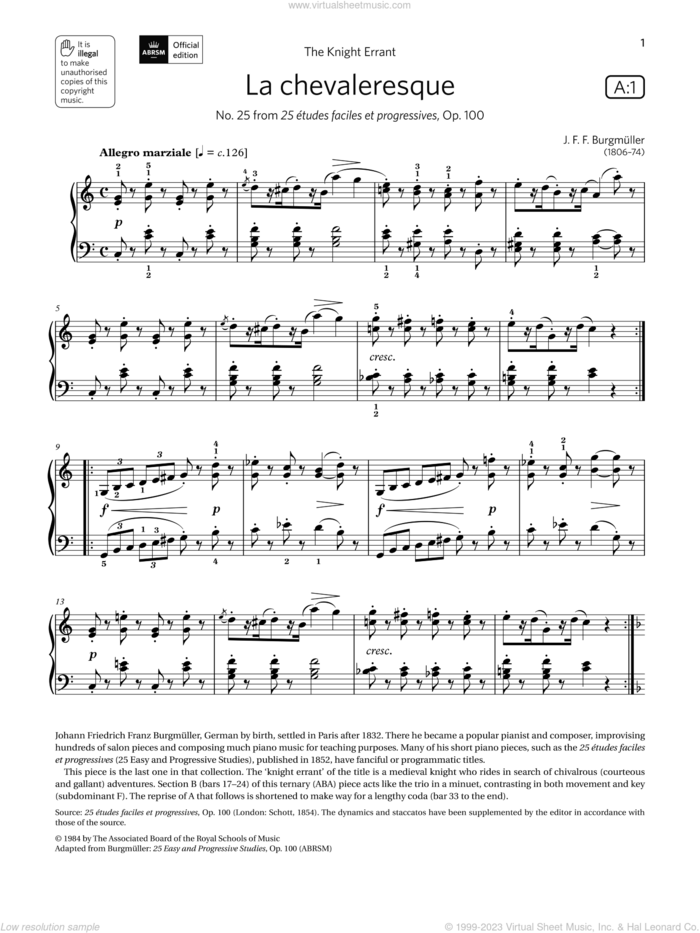 La chevaleresque (Grade 5, list A1, from the ABRSM Piano Syllabus 2021 and 2022) sheet music for piano solo by J. F. Burgmüller, classical score, intermediate skill level