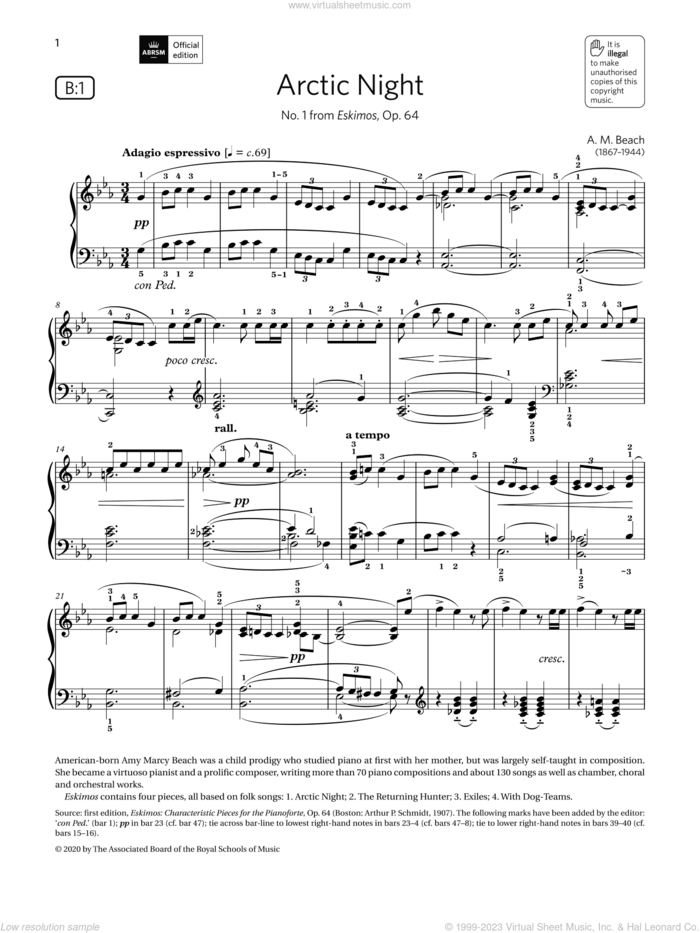 Arctic Night (Grade 5, list B1, from the ABRSM Piano Syllabus 2021 and 2022) sheet music for piano solo by A. M. Beach, classical score, intermediate skill level