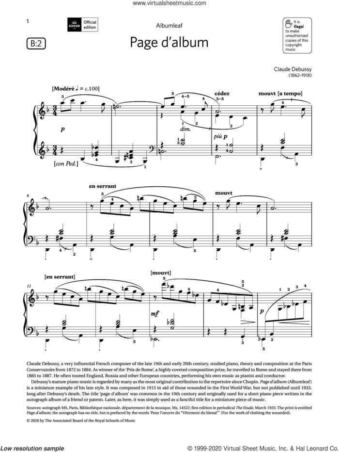 Page d'album (Grade 6, list B2, from the ABRSM Piano Syllabus 2021 and 2022) sheet music for piano solo by Claude Debussy, classical score, intermediate skill level