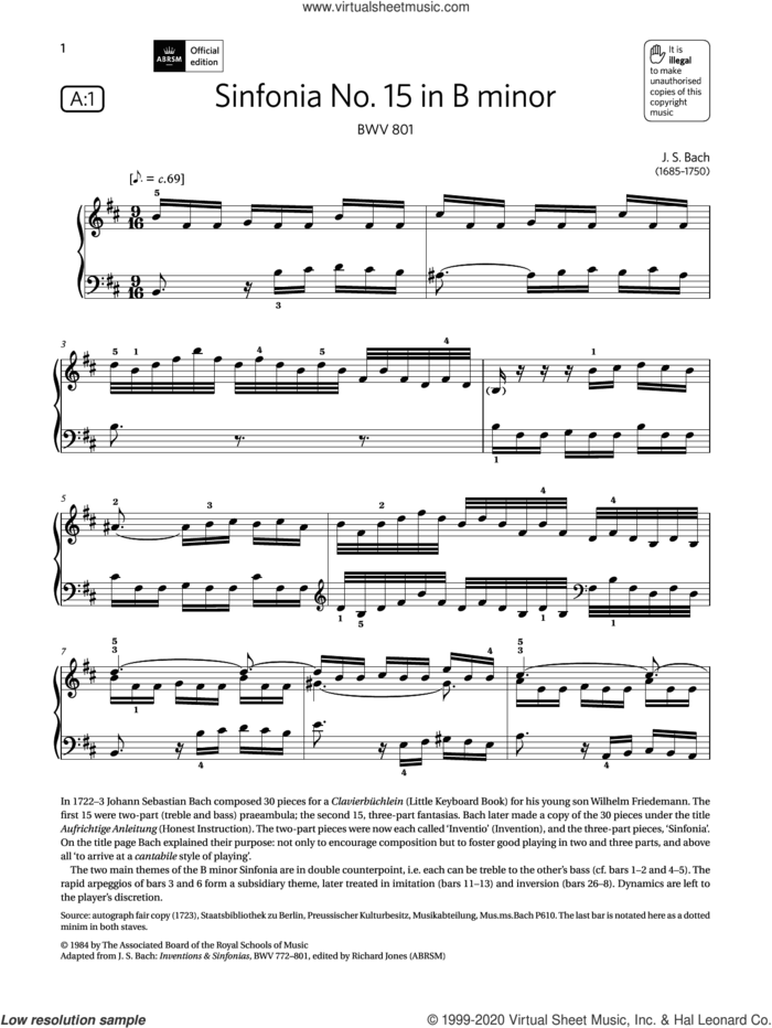 Sinfonia No.15 in B minor (Grade 7, list A1, from the ABRSM Piano Syllabus 2021 and 2022) sheet music for piano solo by Johann Sebastian Bach, classical score, intermediate skill level