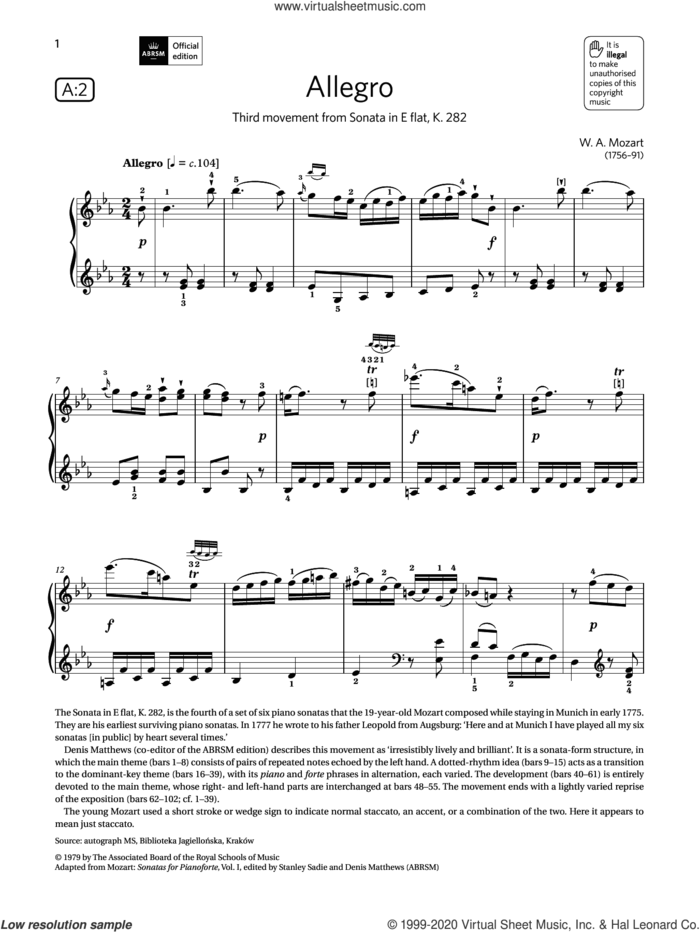 Allegro (Grade 6, list A2, from the ABRSM Piano Syllabus 2021 and 2022) sheet music for piano solo by W. A. Mozart, classical score, intermediate skill level