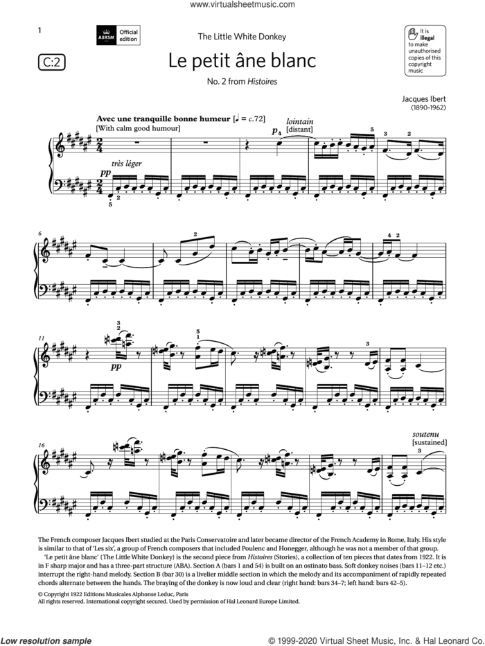 Le petit ane blanc (Grade 7, list C2, from the ABRSM Piano Syllabus 2021 and 2022) sheet music for piano solo by Jacques Ibert, classical score, intermediate skill level