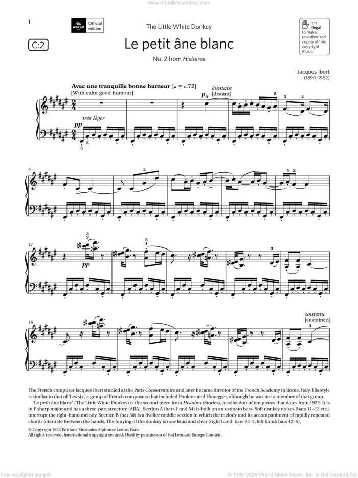 Le petit ane blanc (Grade 7, list C2, from the ABRSM Piano Syllabus 2021 and 2022) sheet music for piano solo by Jacques Ibert, classical score, intermediate skill level