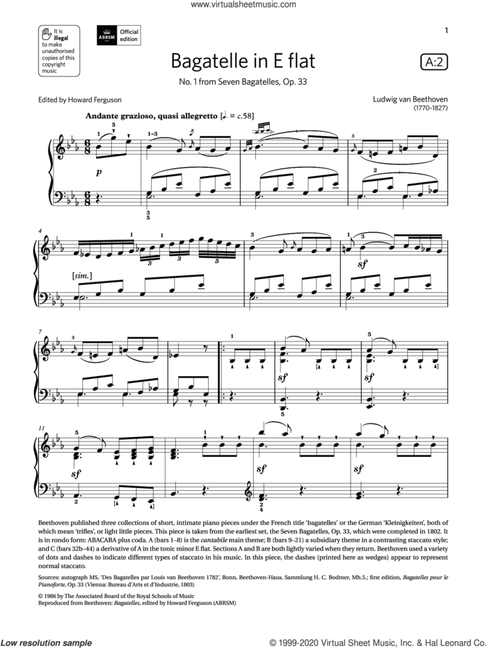 Bagatelle in E flat (Grade 7, list A2, from the ABRSM Piano Syllabus 2021 and 2022) sheet music for piano solo by Ludwig van Beethoven, classical score, intermediate skill level