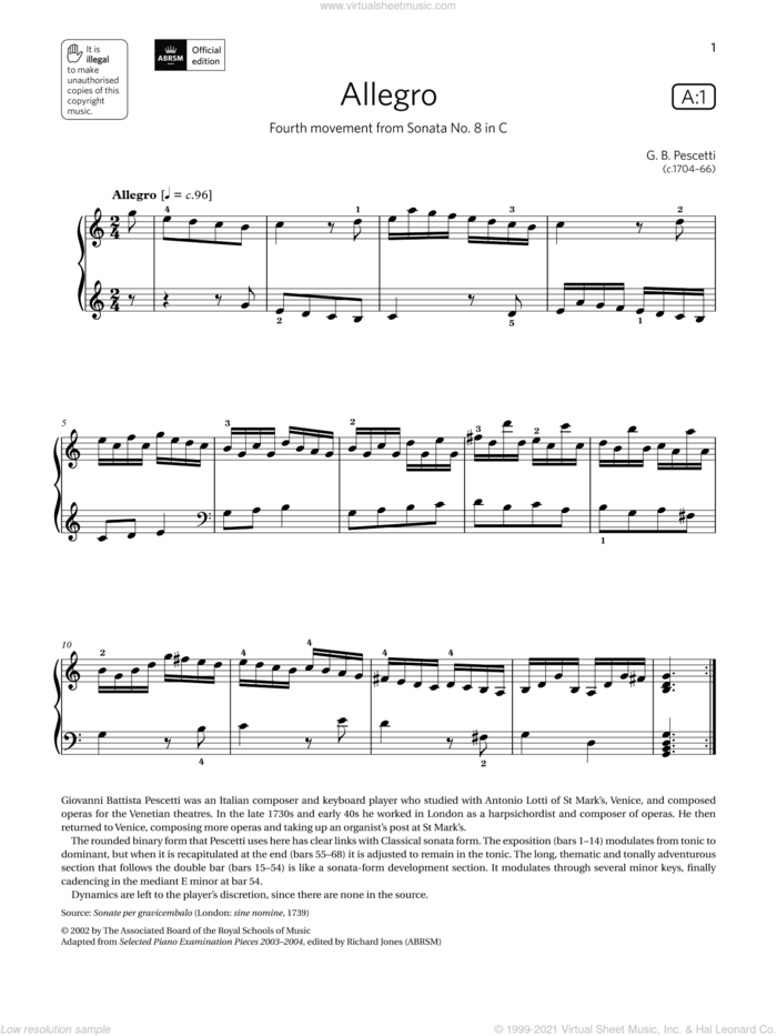 Allegro (Grade 6, list A1, from the ABRSM Piano Syllabus 2021 and 2022) sheet music for piano solo by G. B. Pescetti, classical score, intermediate skill level