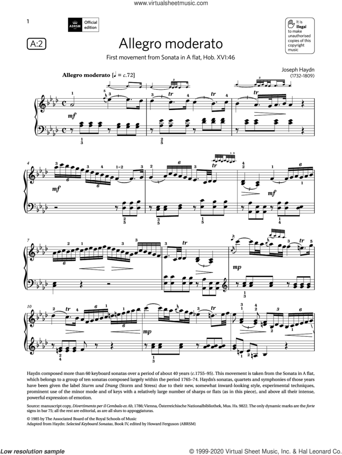 Allegro moderato (Grade 8, list A2, from the ABRSM Piano Syllabus 2021 and 2022) sheet music for piano solo by Franz Joseph Haydn, classical score, intermediate skill level