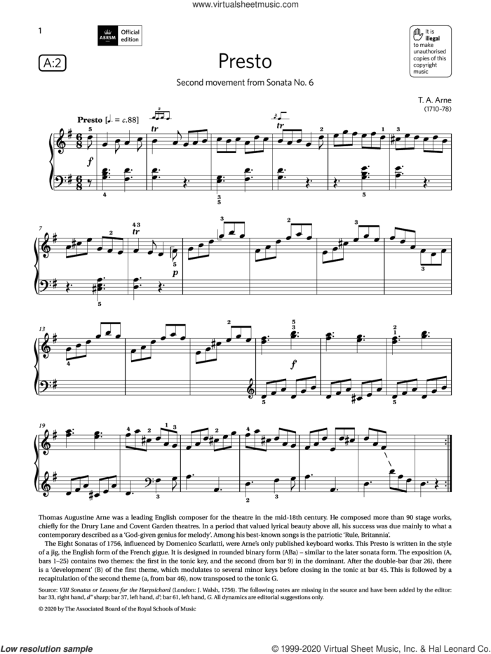 Presto (Grade 5, list A2, from the ABRSM Piano Syllabus 2021 and 2022) sheet music for piano solo by T. A. Arne, classical score, intermediate skill level