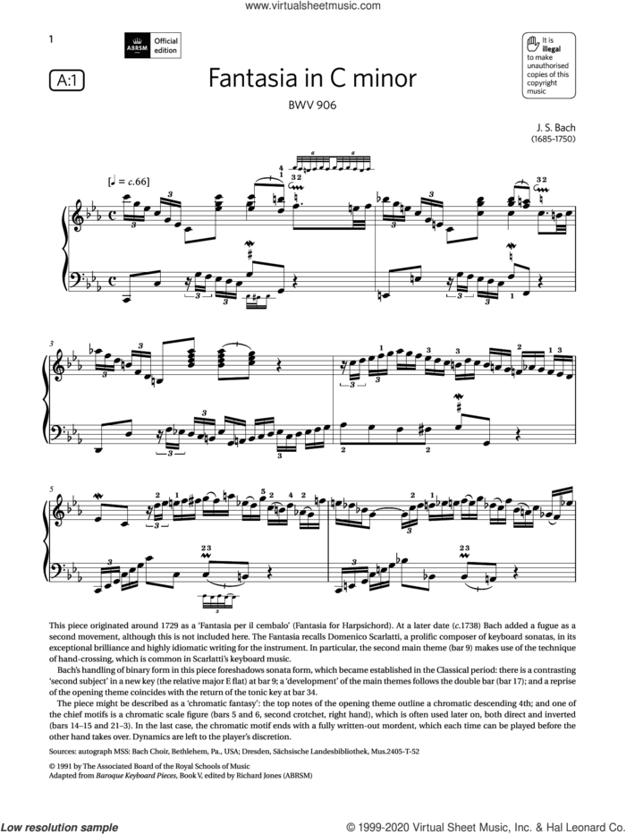 Fantasia in C minor (Grade 8, list A1, from the ABRSM Piano Syllabus 2021 and 2022) sheet music for piano solo by Johann Sebastian Bach, classical score, intermediate skill level
