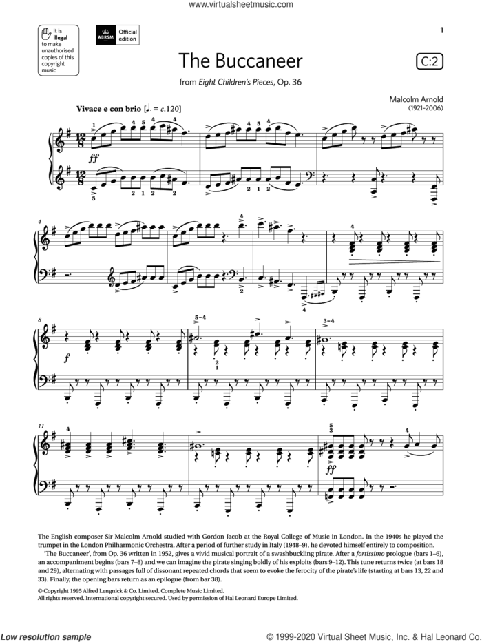 The Buccaneer (Grade 6, list C2, from the ABRSM Piano Syllabus 2021 and 2022) sheet music for piano solo by Malcolm Arnold, classical score, intermediate skill level