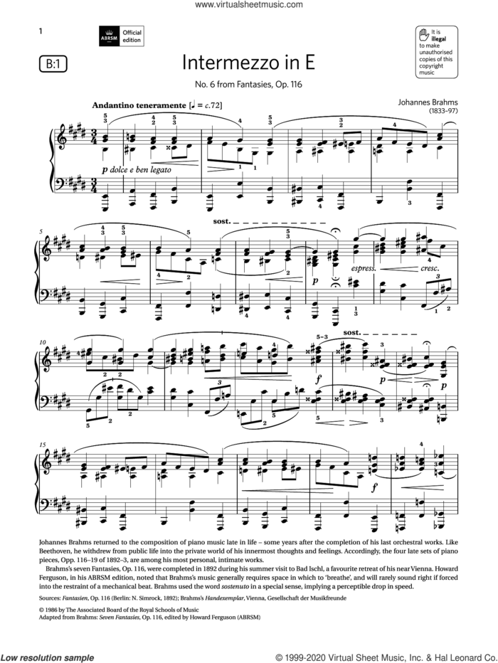 Intermezzo in E (Grade 8, list B1, from the ABRSM Piano Syllabus 2021 and 2022) sheet music for piano solo by Johannes Brahms, classical score, intermediate skill level
