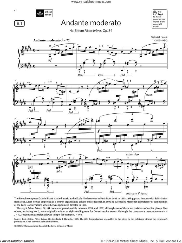 Andante moderato (Grade 7, list B1, from the ABRSM Piano Syllabus 2021 and 2022) sheet music for piano solo by Gabriel Faure, classical score, intermediate skill level