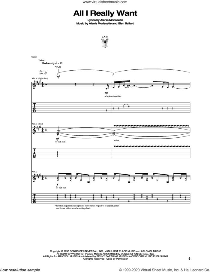 All I Really Want sheet music for guitar (tablature) by Alanis Morissette and Glen Ballard, intermediate skill level