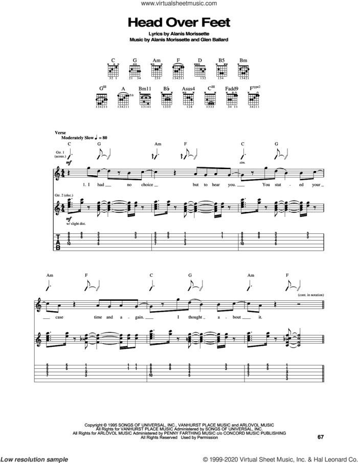 Head Over Feet sheet music for guitar (tablature) by Alanis Morissette and Glen Ballard, intermediate skill level