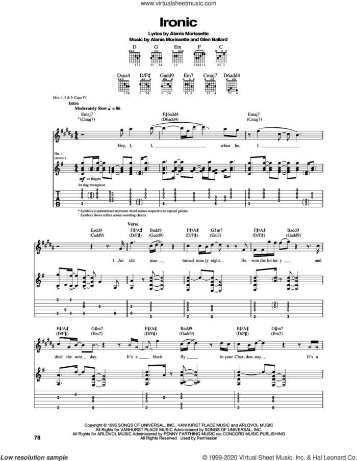 Ironic sheet music for guitar (tablature) by Alanis Morissette and Glen Ballard, intermediate skill level