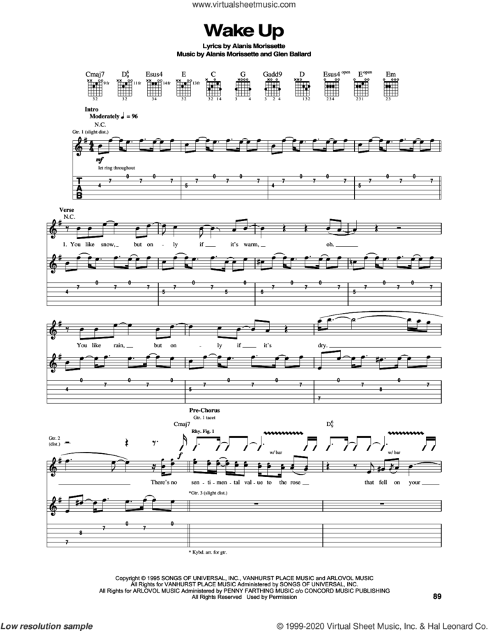 Wake Up sheet music for guitar (tablature) by Alanis Morissette and Glen Ballard, intermediate skill level