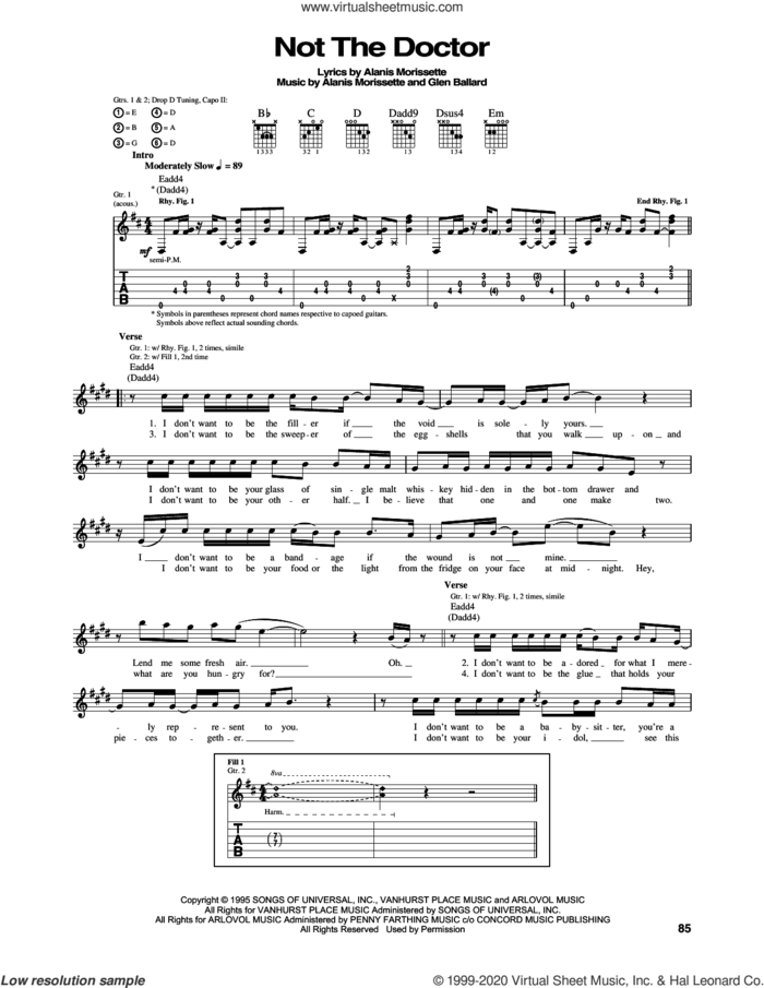 Not The Doctor sheet music for guitar (tablature) by Alanis Morissette and Glen Ballard, intermediate skill level