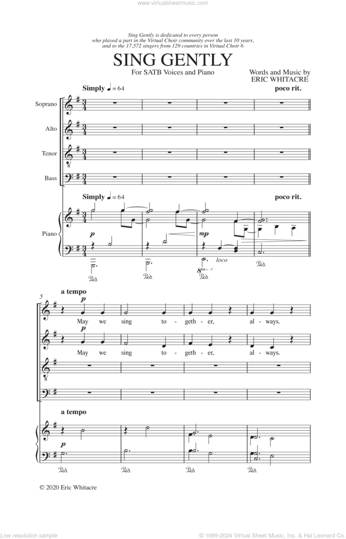 Sing Gently sheet music for choir (SATB: soprano, alto, tenor, bass) by Eric Whitacre, intermediate skill level