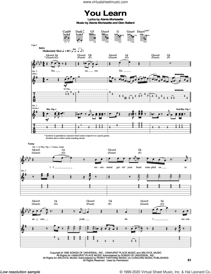 You Learn sheet music for guitar (tablature) by Alanis Morissette and Glen Ballard, intermediate skill level