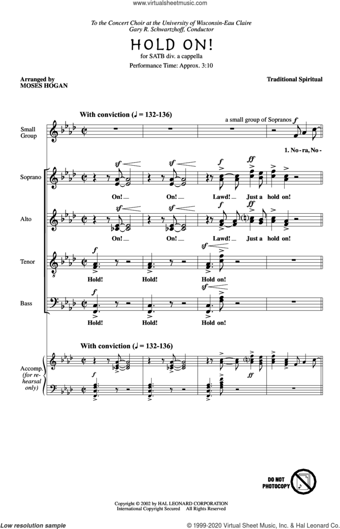 Hold On (arr. Moses Hogan) sheet music for choir (SATB: soprano, alto, tenor, bass)  and Moses Hogan, intermediate skill level