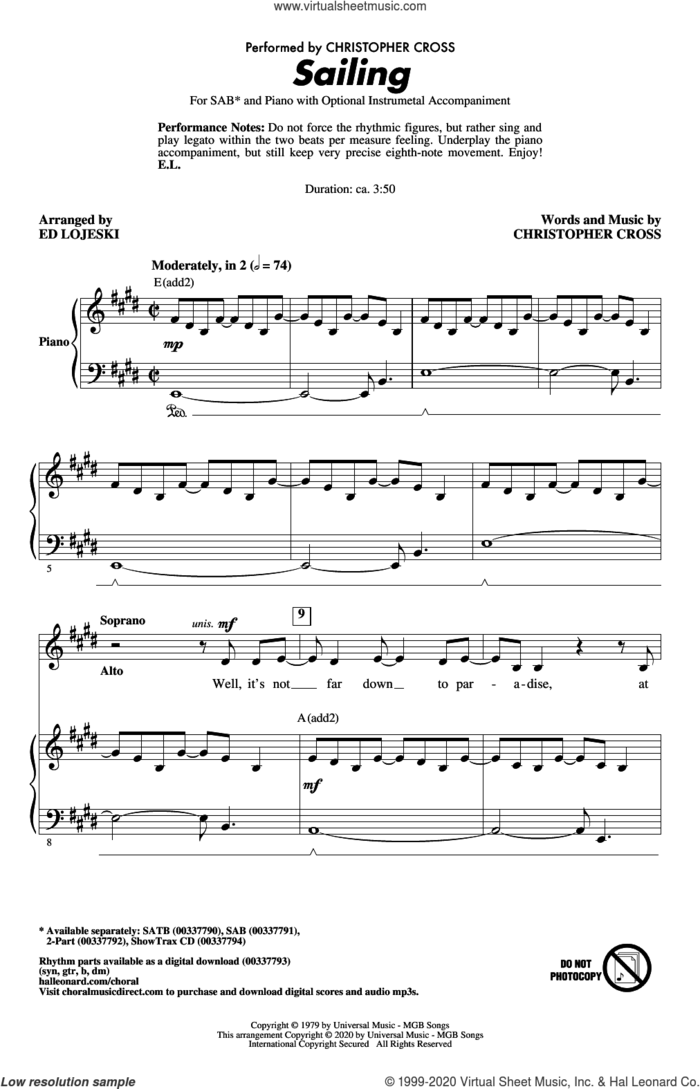 Sailing (arr. Ed Lojeski) sheet music for choir (SAB: soprano, alto, bass) by Christopher Cross and Ed Lojeski, intermediate skill level