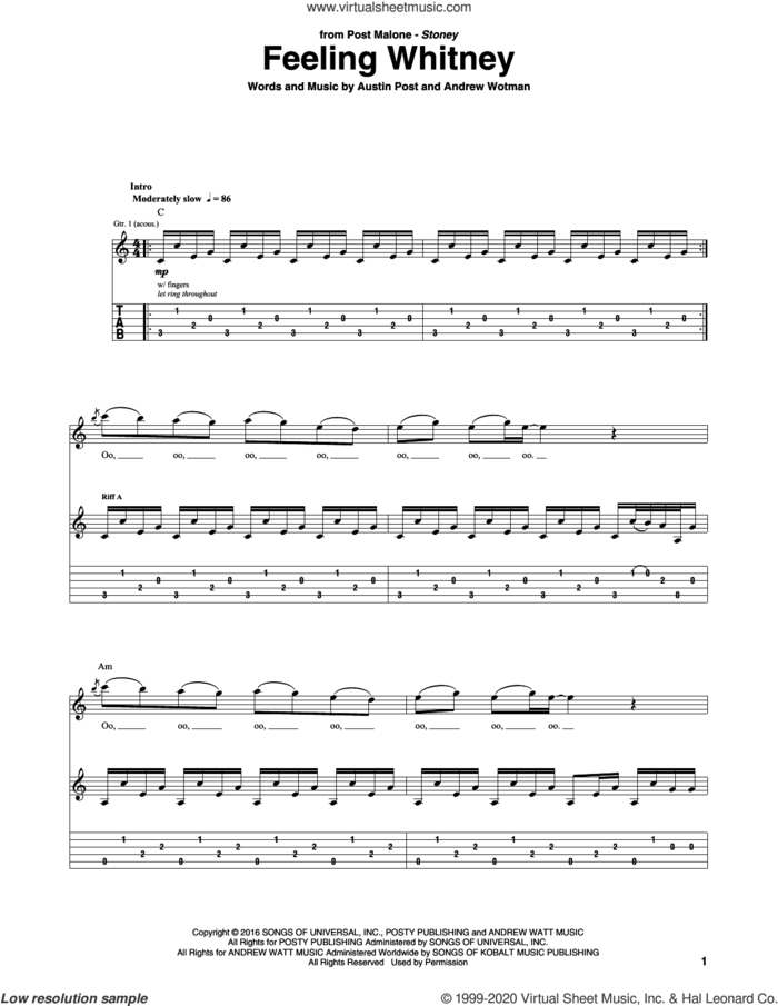 Feeling Whitney sheet music for guitar (tablature) by Post Malone, Andrew Wotman and Austin Post, intermediate skill level