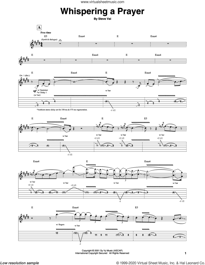 Whispering A Prayer sheet music for guitar (tablature) by Steve Vai, intermediate skill level