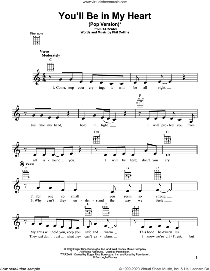 You'll Be In My Heart (Pop Version) (from Tarzan) sheet music for ukulele by Phil Collins, intermediate skill level
