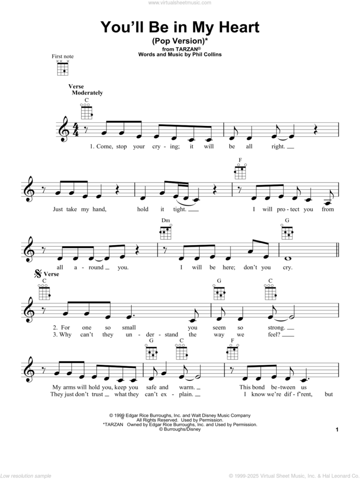 You'll Be In My Heart (Pop Version) (from Tarzan) sheet music for ukulele by Phil Collins, intermediate skill level